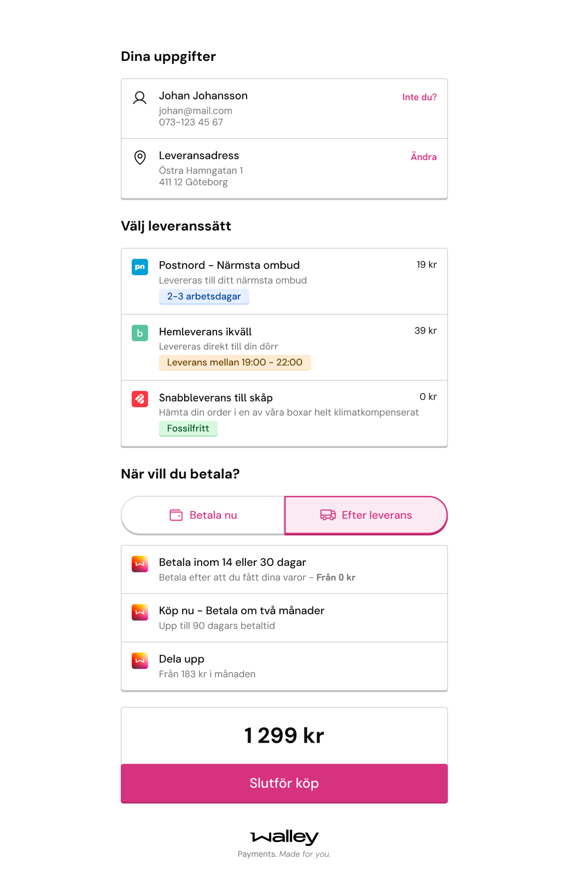 Illustration av ett digitalt checkoutflöde med steg för leveransval, betalningstidpunkt och olika betalalternativ